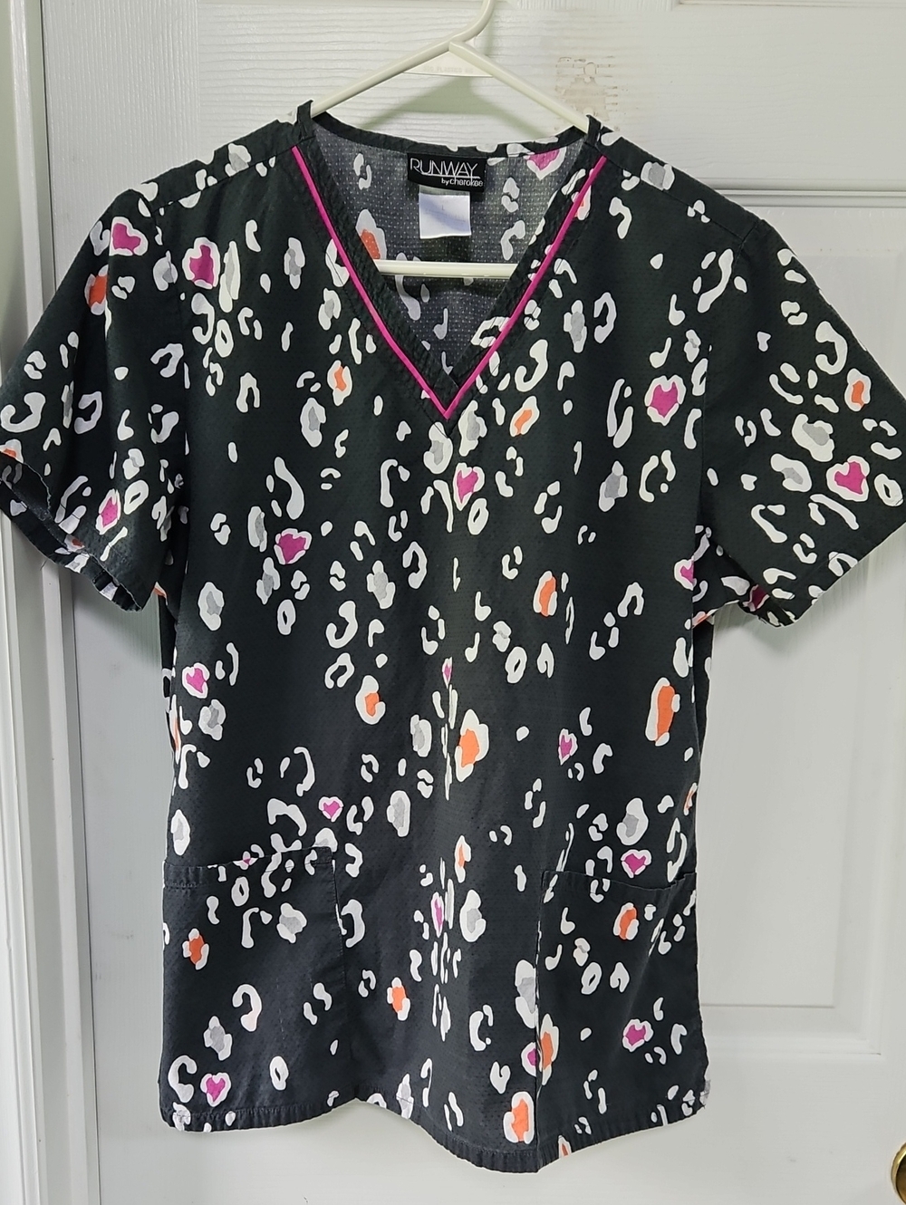 Cherokee Black V-Neck Scrub Top with Pink and Orange Accents